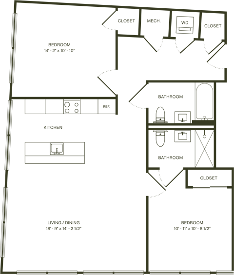 Floor plan for 2 beds, 2 baths, 1033 sqft